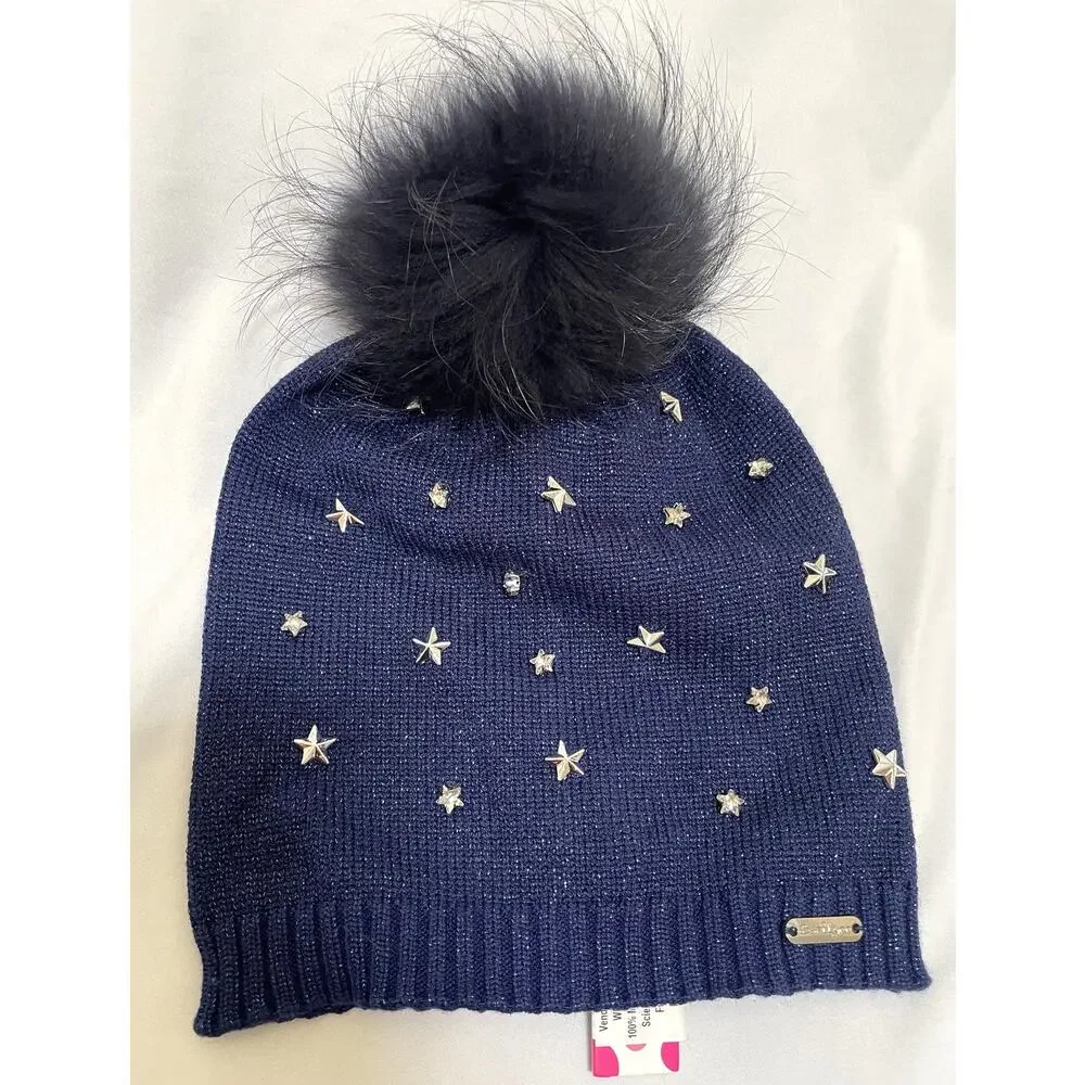 NWT Bari Lynn Kids Youth Studded Star Beanie w/ Navy Fox Fur Pom Pom